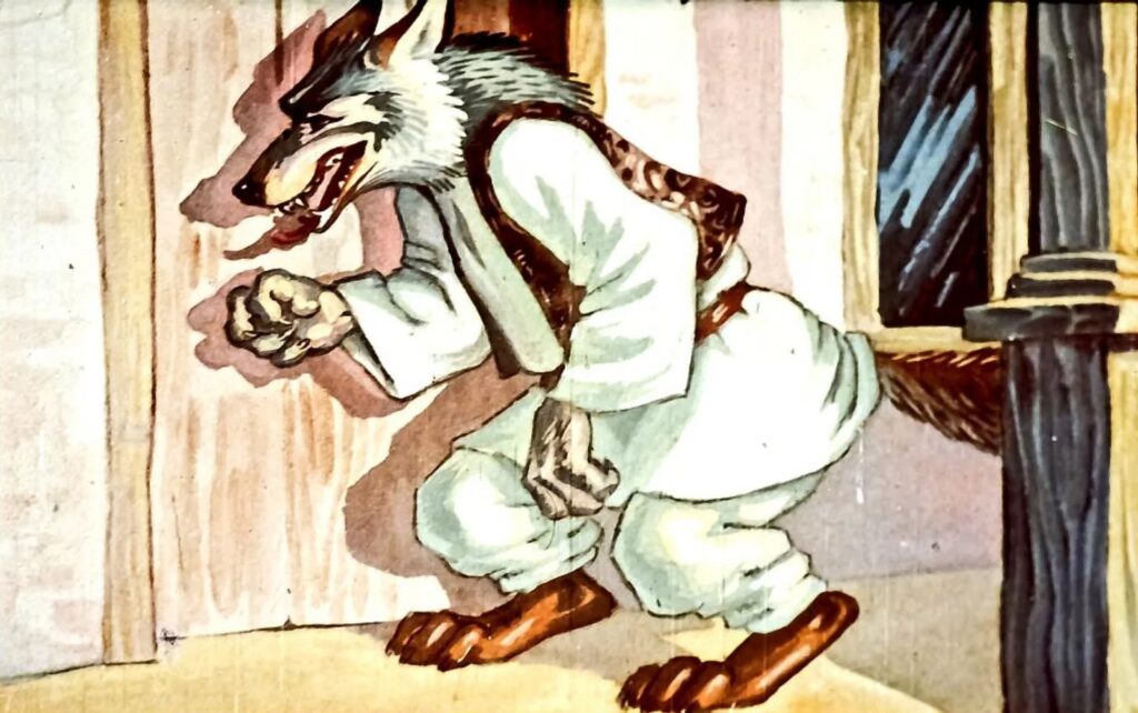 Ilustrație colorată cu un lup îmbrăcat în haine tradiționale bătând la o ușă, însoțită de text legat de o poveste pentru copii.