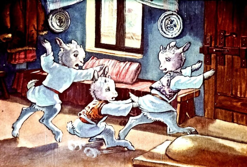 Ilustrație cu iezi care interacționează într-o încăpere, evidențiind o poveste.