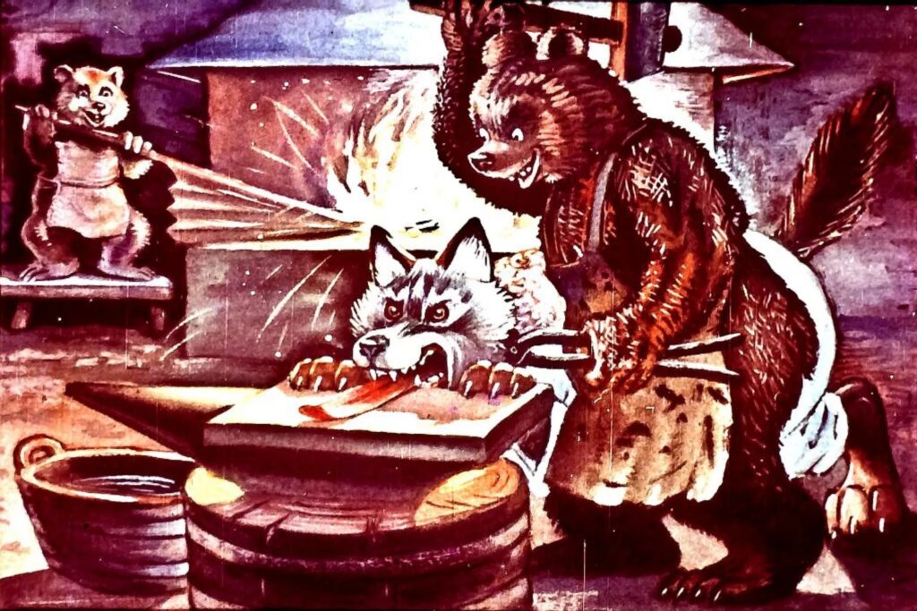 Ilustrație cu iezi care interacționează într-o încăpere, evidențiind o poveste.