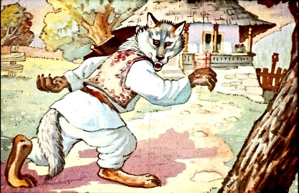 Ilustrație cu un lup îmbrăcat în costum tradițional, îndreptându-se spre o casă, în fundal, descriind gândurile sale despre capra.