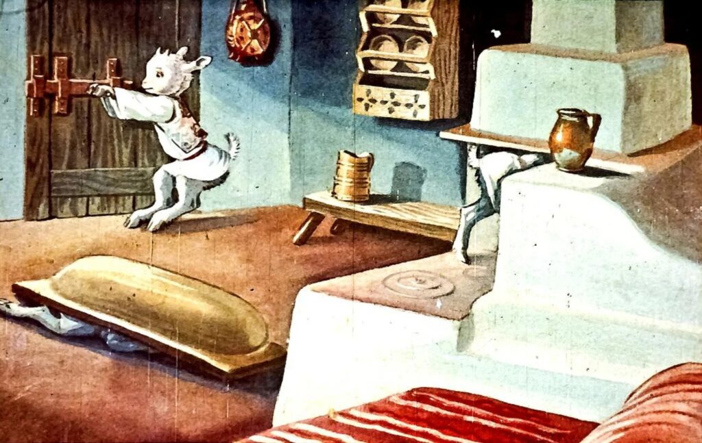 Ilustrație cu un interior de casă rustică, un capră care deschide ușa și un mediu plin de obiecte tradiționale.