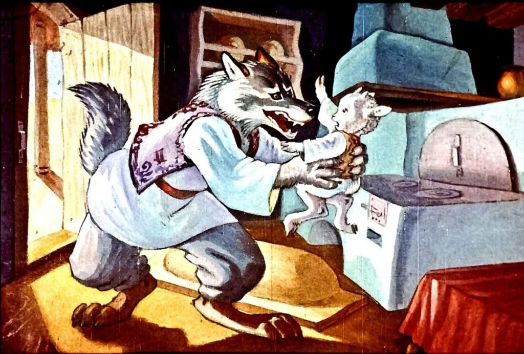 Ilustrație cu un lup care intră într-o încăpere, ținând un ied în brațe, cu un fundal de mobilier și o masă.