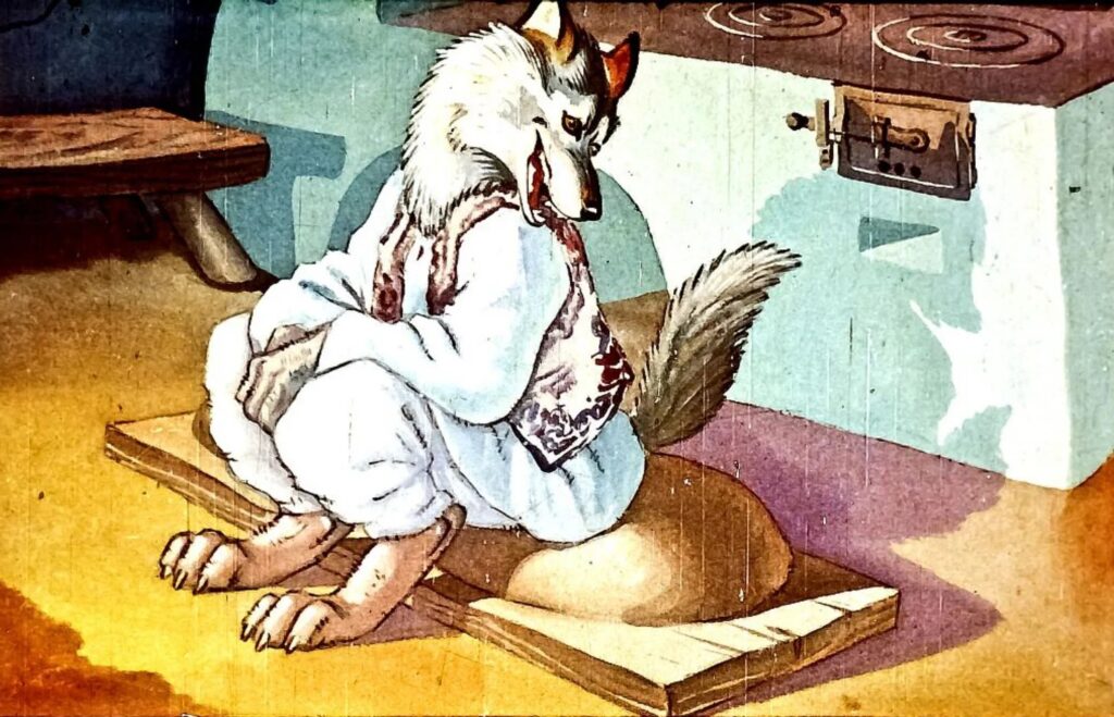 Ilustrație de basm cu un lup îmbrăcat, așezat pe o albie