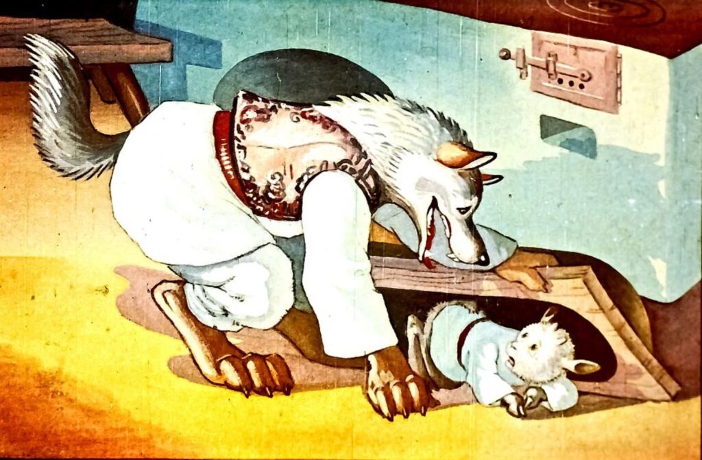 Ilustrație cu un lup și un ied, cu text în limba română în partea de jos, care conține un dialog.