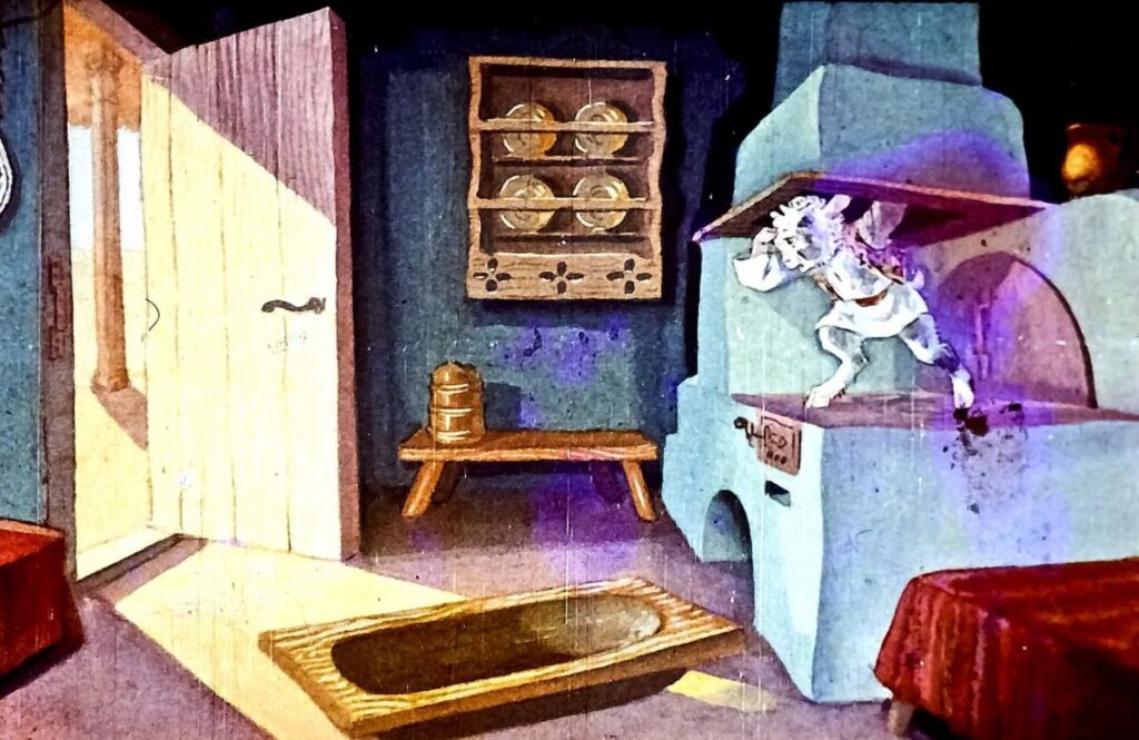 Ilustrație cu o scenă dintr-o poveste, arătând o cameră cu o ușă deschisă, o masă și un cuptor, în care se află un cal de lemn, sugerând o atmosferă de fantezie.Ilustrație cu o scenă dintr-o poveste, arătând o cameră cu o ușă deschisă, o masă și un cuptor, în care se află un cal de lemn, sugerând o atmosferă de fantezie.