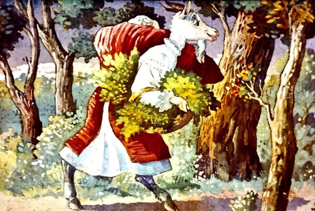 Ilustrație cu o capră care poartă o coș de alimente, merge printr-o pădure.