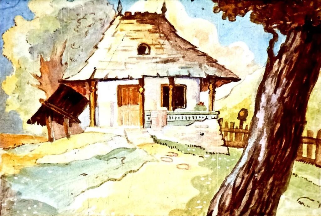 Ilustrație a unei căsuțe cu pridvor și flori de mușcate, acompaniată de un text narativ despre o capră.