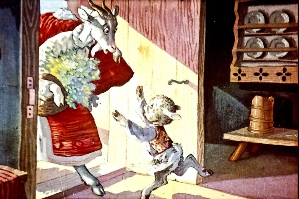 Ilustrație cu o capră care ține un ied în brațe, gătind la o sobă, în fundal auzindu-se un mesaj despre idei.