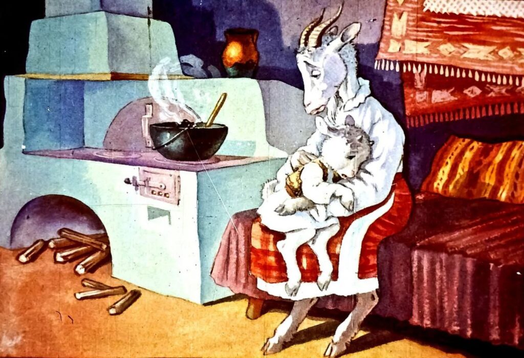 Ilustrație cu o capră care ține un ied în brațe, gătind la o sobă, în fundal auzindu-se un mesaj despre idei.