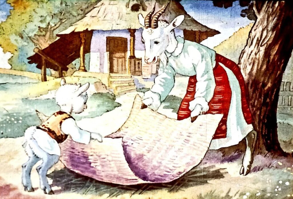 Ilustrație colorată cu o capră și un ied, în fața unei case, desfăcând o rogojină pe o groapă.