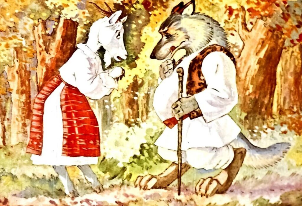 Un desen animat cu un lup si o capra, unde capra invita pe lup la masa.