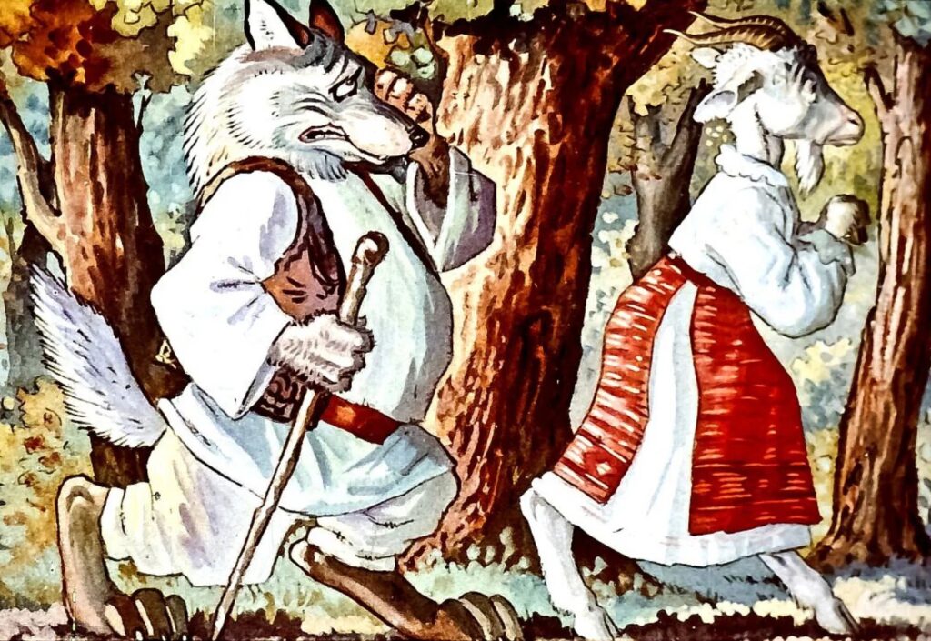 Ilustrație cu un lup și o capră, reprezentând o poveste, cu text explicativ despre lup și capră.