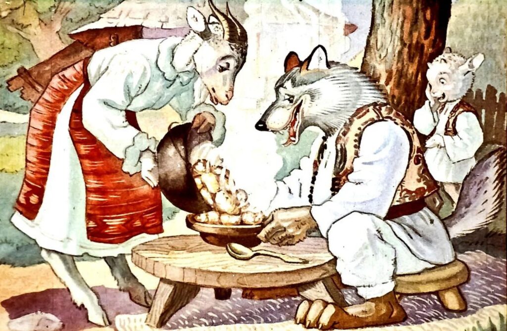 Ilustrație reprezentând o capră și un lup interacționând în jurul mesei, cu un peisaj de fundal, sugerând o scenă de poveste.