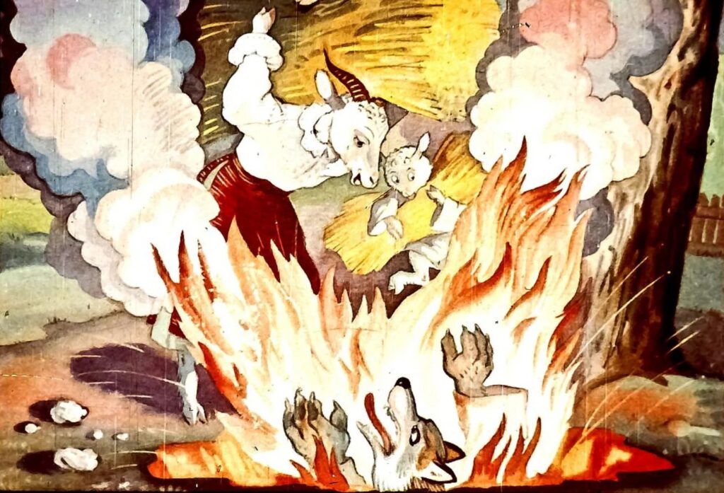 Ilustrație a unui lup și a unei capre, cu un fundal de foc și nori de fum, reprezentând o scenă dramatică.