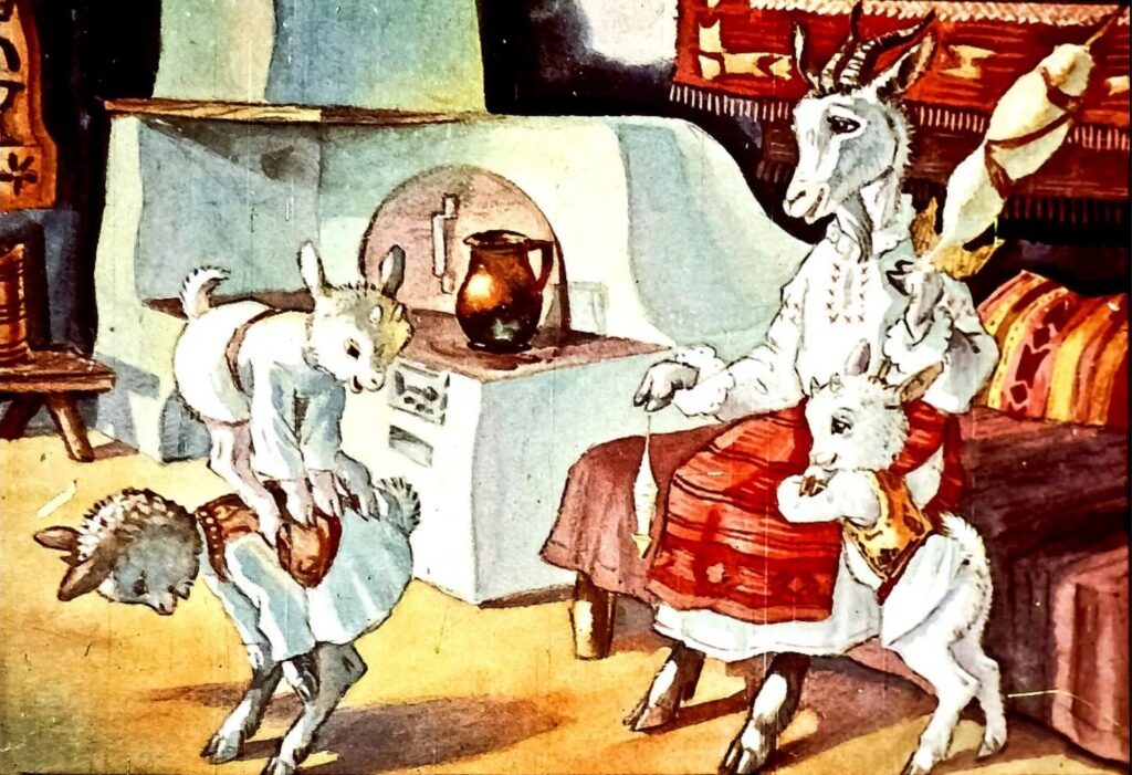 O ilustrare cu trei iezi, doi jucându-se și unul stând pe brațele unei capre, într-un mediu de interior tradițional.