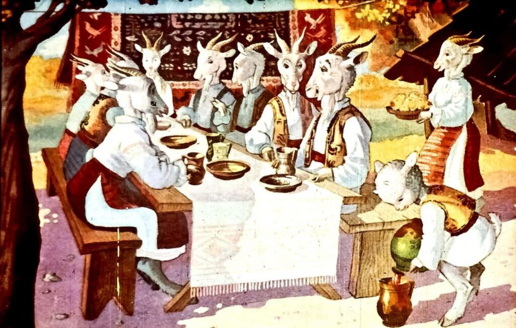 Ilustrație cu capre și țapi adunați împreună la masă, petrecând și bucurându-se.