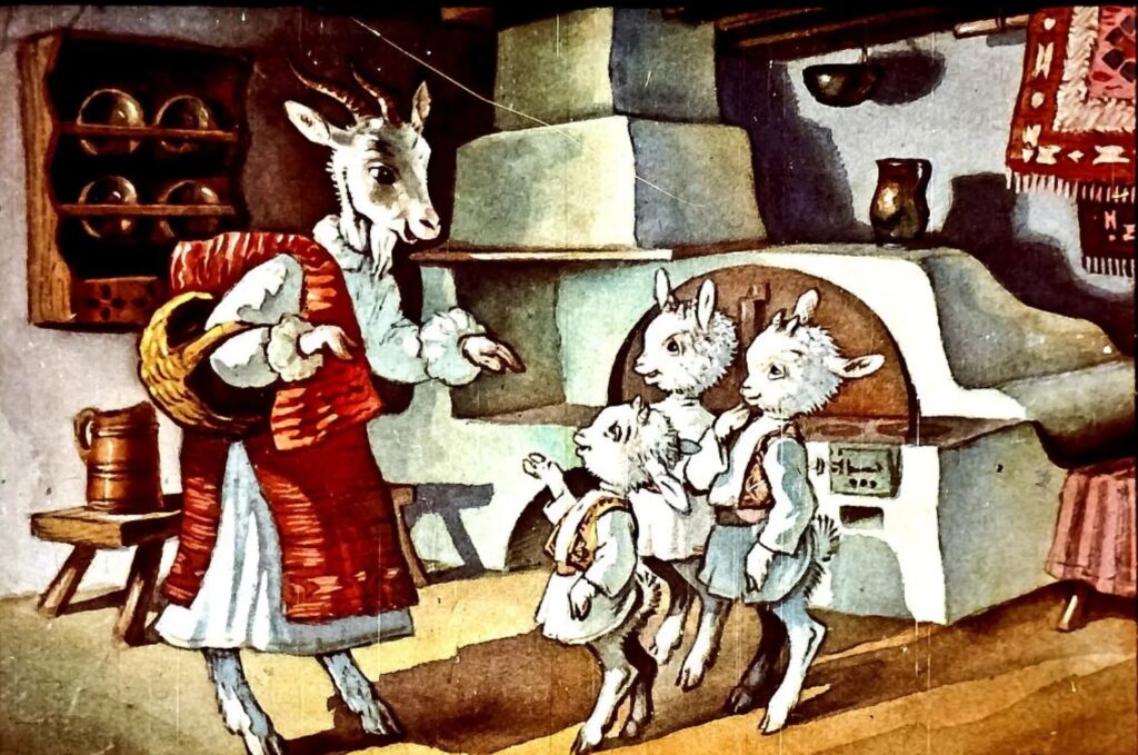 Ilustrație cu o capră vorbind cu iezii într-o bucătărie rustică.