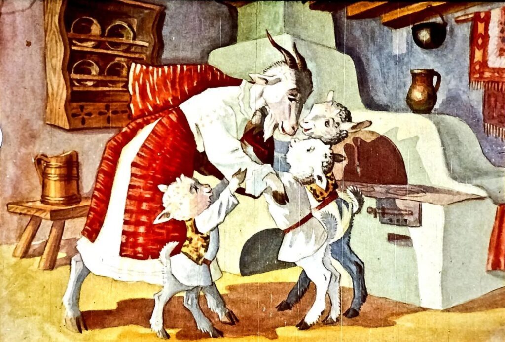 Ilustrație cu o capră și iezi în bucătărie, cu text scris în partea de jos.