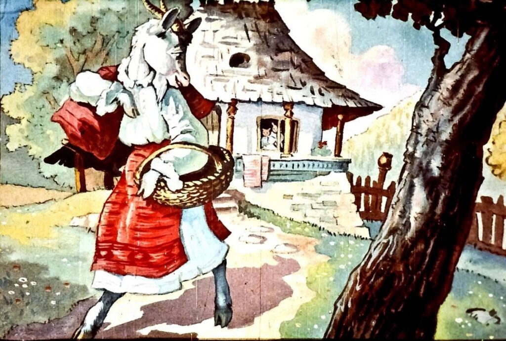 Ilustrație cu o capră îmbrăcată în haine roșii și albe care iese dintr-o casă, detalii în fundal inclusiv un copac și o poartă.