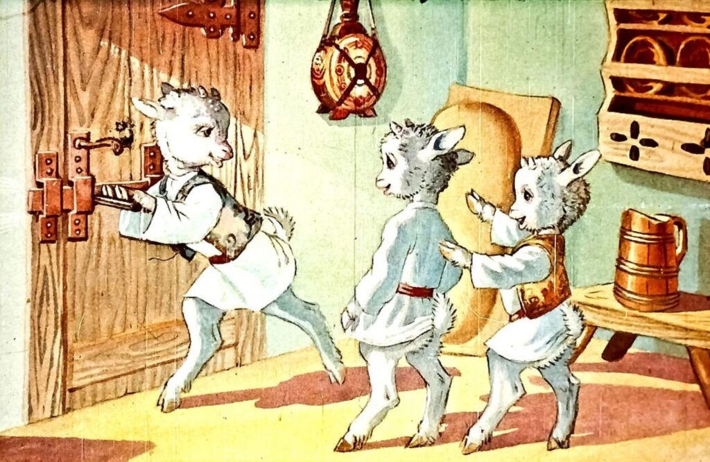 Ilustrație cu iezi care închid ușa și se pregătesc să se joace.