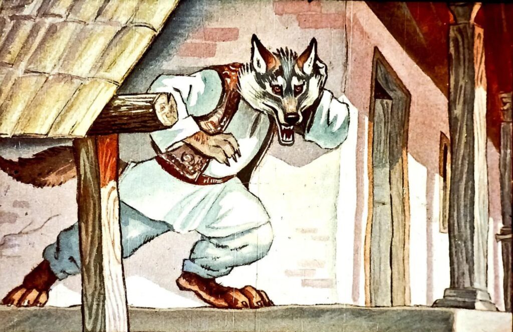 Ilustrație a unui lup costumat care ascultă un dialog, reprezentând o scenă dintr-o fabula.