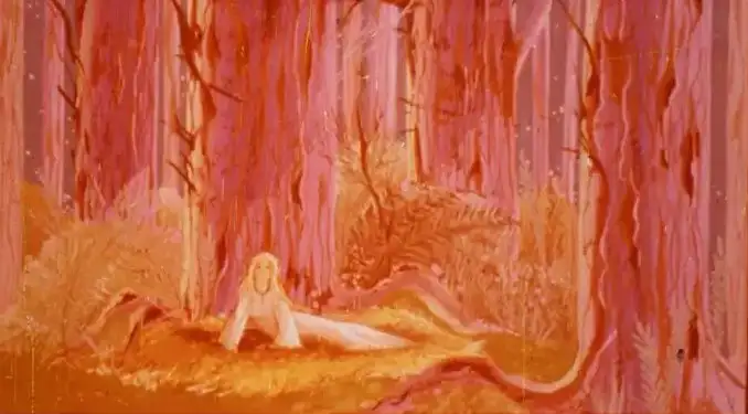 Ilustrație cu o femeie așezată în pădure, cu un peisaj de copaci roșiatic și o atmosferă visătoare.