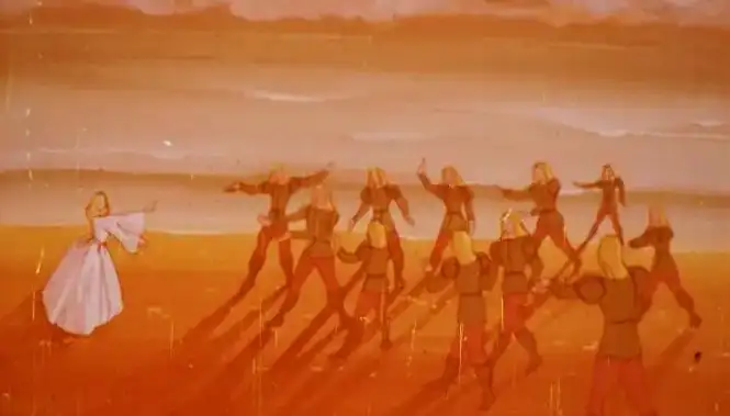 O ilustrație cu un text narativ despre soarele care s-a scufundat în apă și despre lebede transformate în prinți.