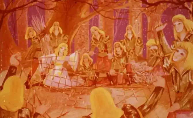 Ilustrație cu personaje împletind o plasă mare din răchită și trestie.