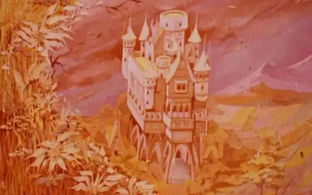 Imagine artistică a unui castel cu un text narativ despre o poveste.