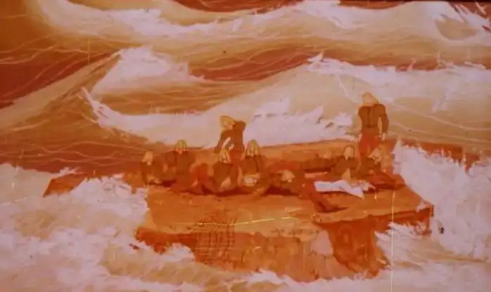 Imagine artistică reprezentând o scenă în care oameni se află pe o stâncă în mijlocul valurilor, cu un text descriptiv în partea de jos.