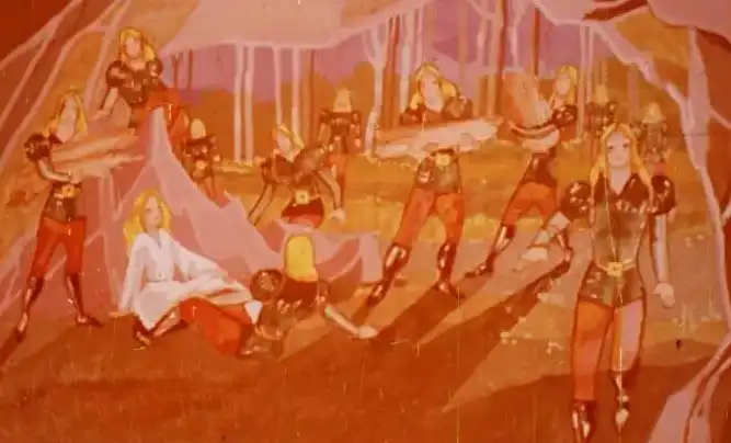 O ilustrație cu personaje fantastice într-un peisaj de pădure, prezentând o scenă de adventură.