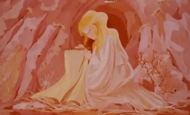 O ilustrație artistică a unei femei blonde îmbrăcate în alb, care culege urzici într-o peșteră.