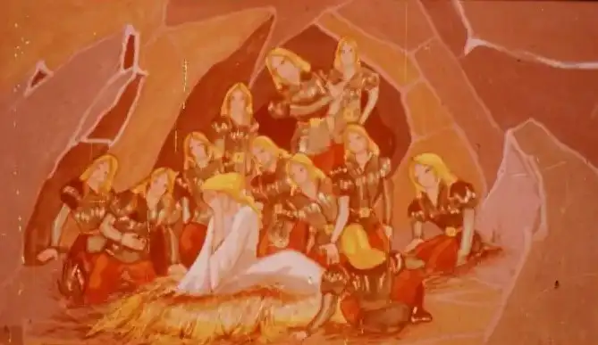 Ilustrație cu personaje care stau într-o peșteră, în jurul unei figure centrale, în timp ce un text explicativ descrie o situație emoționantă.