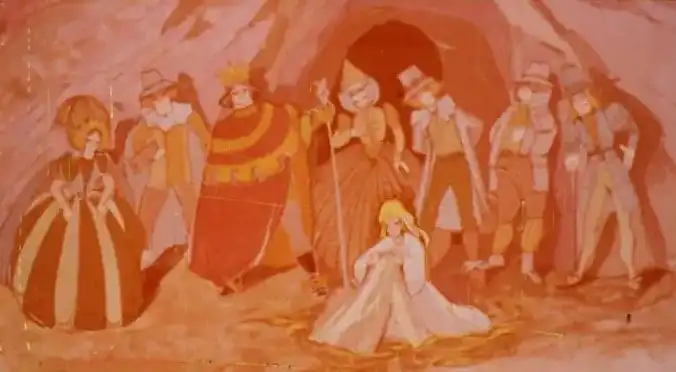 Ilustrație reprezentând o scenă dintr-o poveste, cu personaje diverse într-o peșteră.