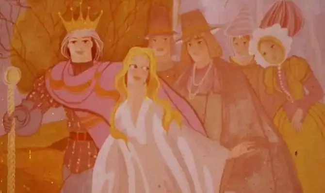 Ilustrație care prezintă un crai și o fată la castel, înconjurați de personaje, cu un text descriptiv despre povestea lor.