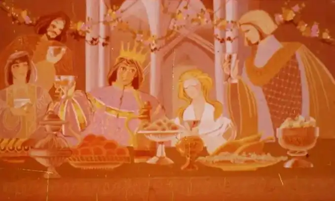 O scenă festivă cu o nuntă, reprezentând personaje de poveste și bucate de sărbătoare.