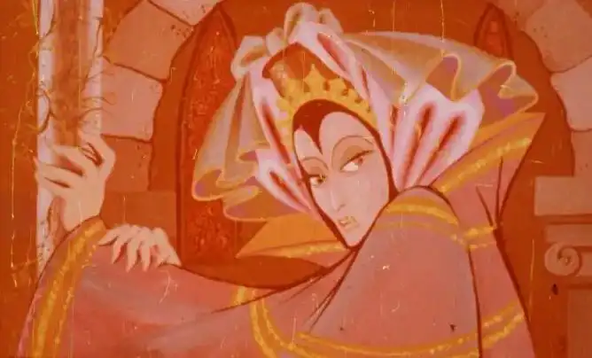 O scenă animată ilustrând o poveste despre o craiasă rea care nu își iubește copiii.