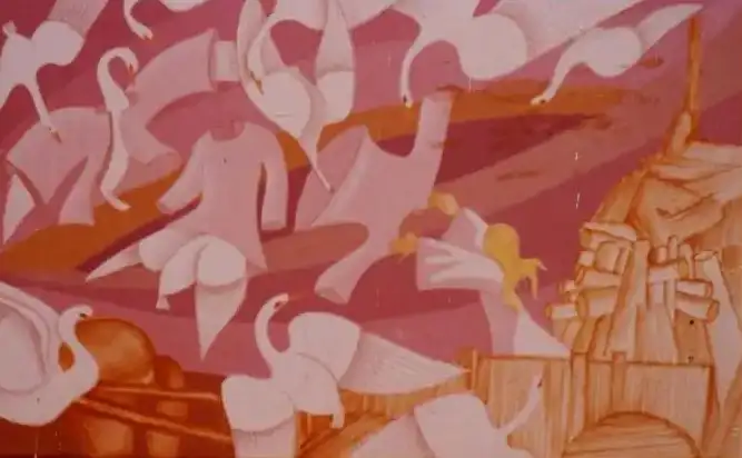 Imagine artistică abstractă cu lebede și figuri umane desfășurându-se într-un peisaj colorat.