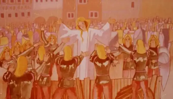 Ilustrație animată cu figurine și un mesaj în română despre transformări magice.