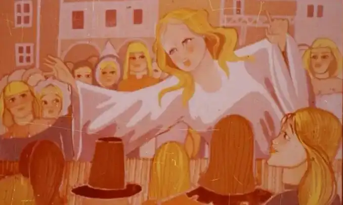 Ilustrație dintr-o poveste, cu un personaj care vorbește unei mulțimi de oameni.