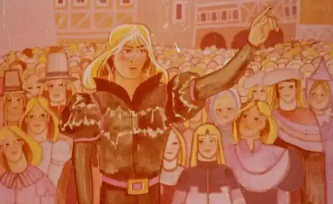 O scenă ilustrată cu un personaj central care se adresează unei mulțimi, exprimând nevinovăția cuiva, iar oamenii din jur privesc cu admirație.