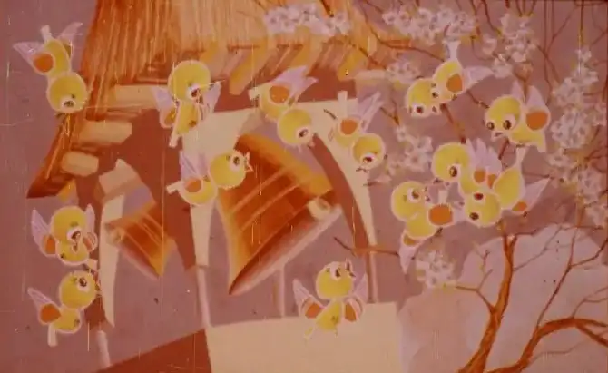 O ilustrație cu păsări zburând și un peisaj de primăvară, cu un text care descrie cum clopotele bat singure, iar păsările se bucură de evenimentele curente.