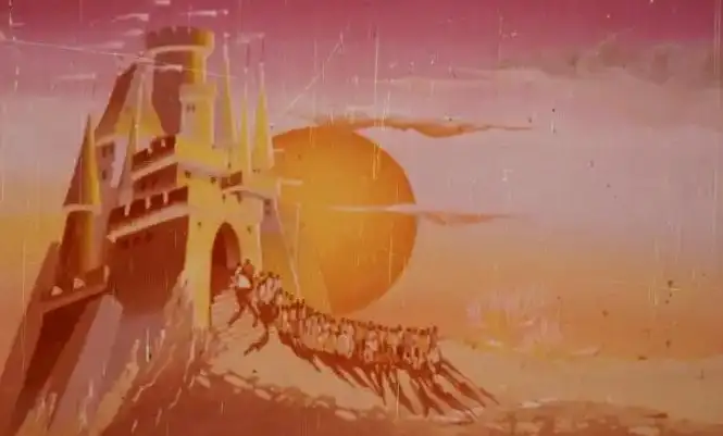 Ilustrație cu un castel și o procesiune de personaje, având un soare apunând în fundal.