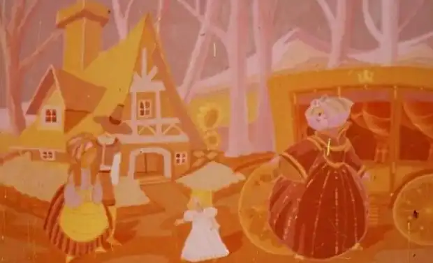 Ilustrație cu personaje dintr-o poveste, cu un peisaj de iarnă și un text care descrie o întâmplare.