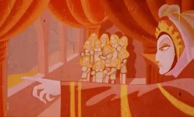 Ilustrație cu o femeie care arată spre un grup de formațiuni umane, având un text în partea de jos care conține o replică despre a merge în lume.