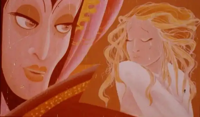 Ilustrație cu o scenă dintr-o poveste, caracterizată de un fundal cald și personaje stilizate.