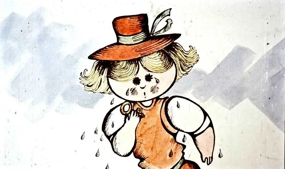 Ilustrație cu o fetiță plângând, înconjurată de o baltă de lacrimi, descrisă printr-un text care reflectă emoția sa.