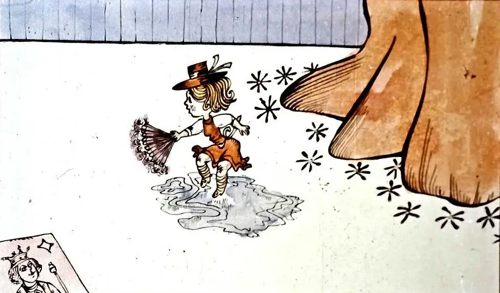 Ilustrație cu o fetiță care ține un evantai, înconjurată de flori și arbore, instalația fiind plină de detalii colorate.