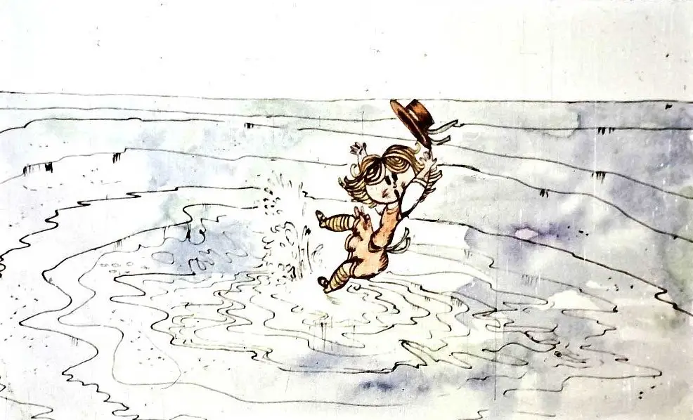 Ilustrație cu un copil care alunecă într-o baltă, având un text descriptiv despre gândurile sale.