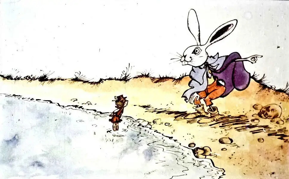 Ilustrație cu un iepure îmbrăcat elegant care vorbește cu un copil lângă apă.